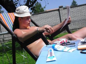 three girlfriends sunbathe in the yard with bare breasts. Part 2. Thumb 15