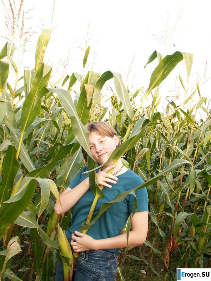 A thin student pleases herself with corn right in the field. Photo 3
